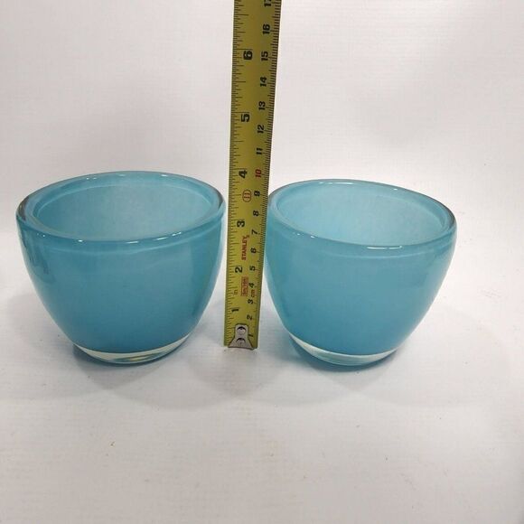 2 Light Blue 3.75" Glass Votive Tea Light Candle Holders Chunky - Picture 8 of 10